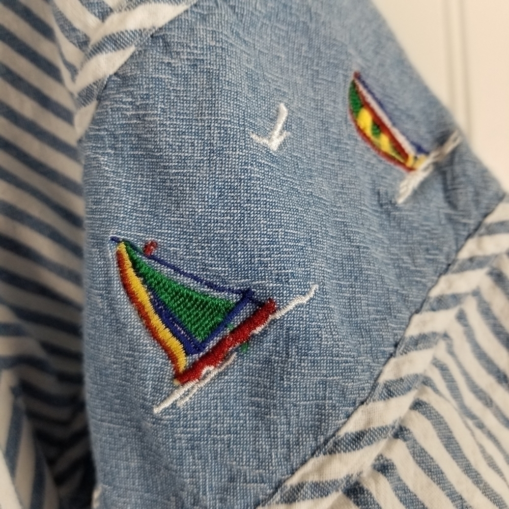Striped Sailboat Embroidered Short Sleeve Light Denim Dress Summer Nautical S/XS - Picture 13 of 14
